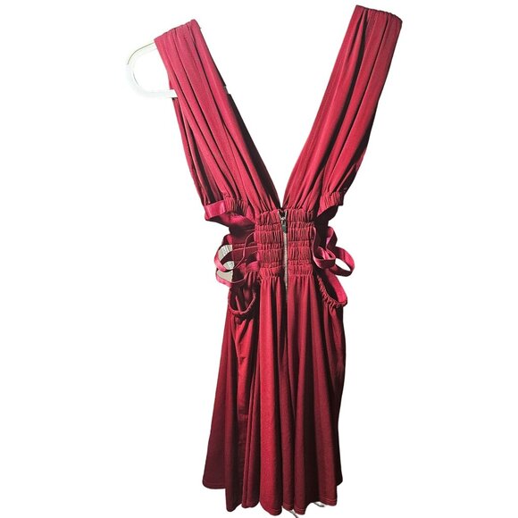 Sleeveless Red Burgundy V-Neck Dress With Shirred Waist & Side Ties By Express S - Picture 2 of 5